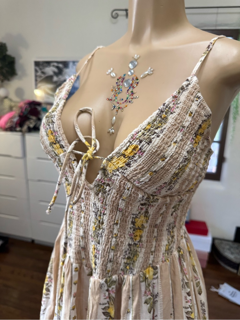 Floral Smocked Bodice Spaghetti-Strap Maxi Dress in Beige and Yellow size M - Picture 3 of 11